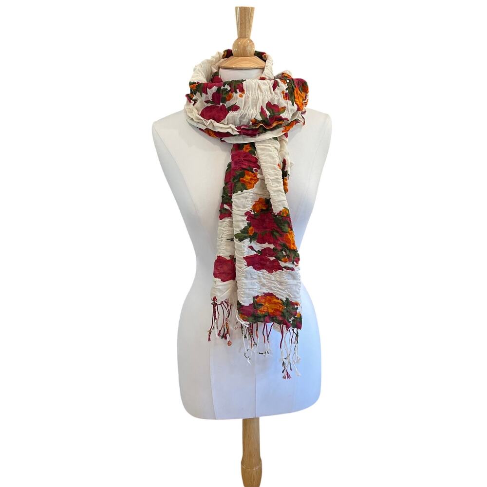 Mark Burgundy Red Floral Scarf / Wrap, Ruched, Fringe, Boho, 20 x 53